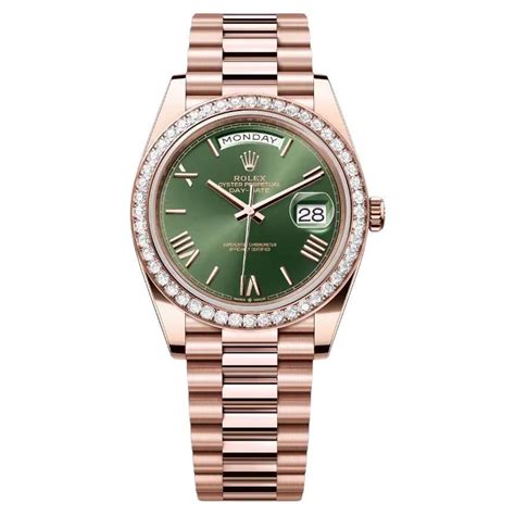 rolex presidential rose gold green|18k presidential rolex diamond bezel.